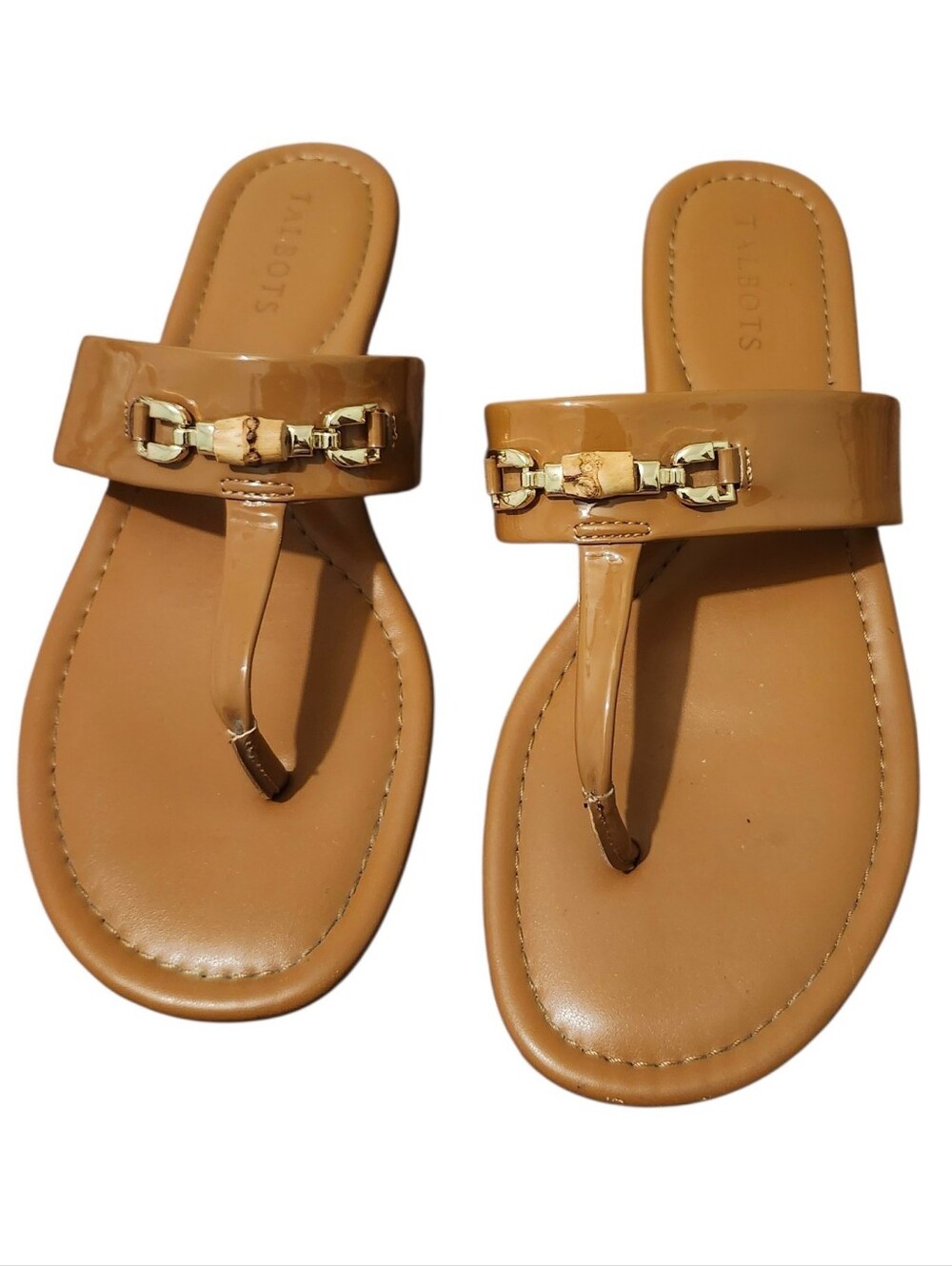 Talbots Brown Patent Leather Thong Sandals with Bamboo Detail - 8